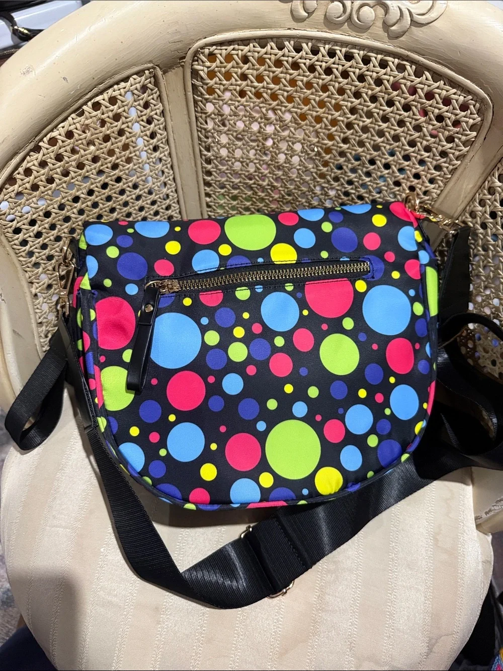 Colorful Polka Dot Crossbody Belt Bag - Black with Multicolor Dots